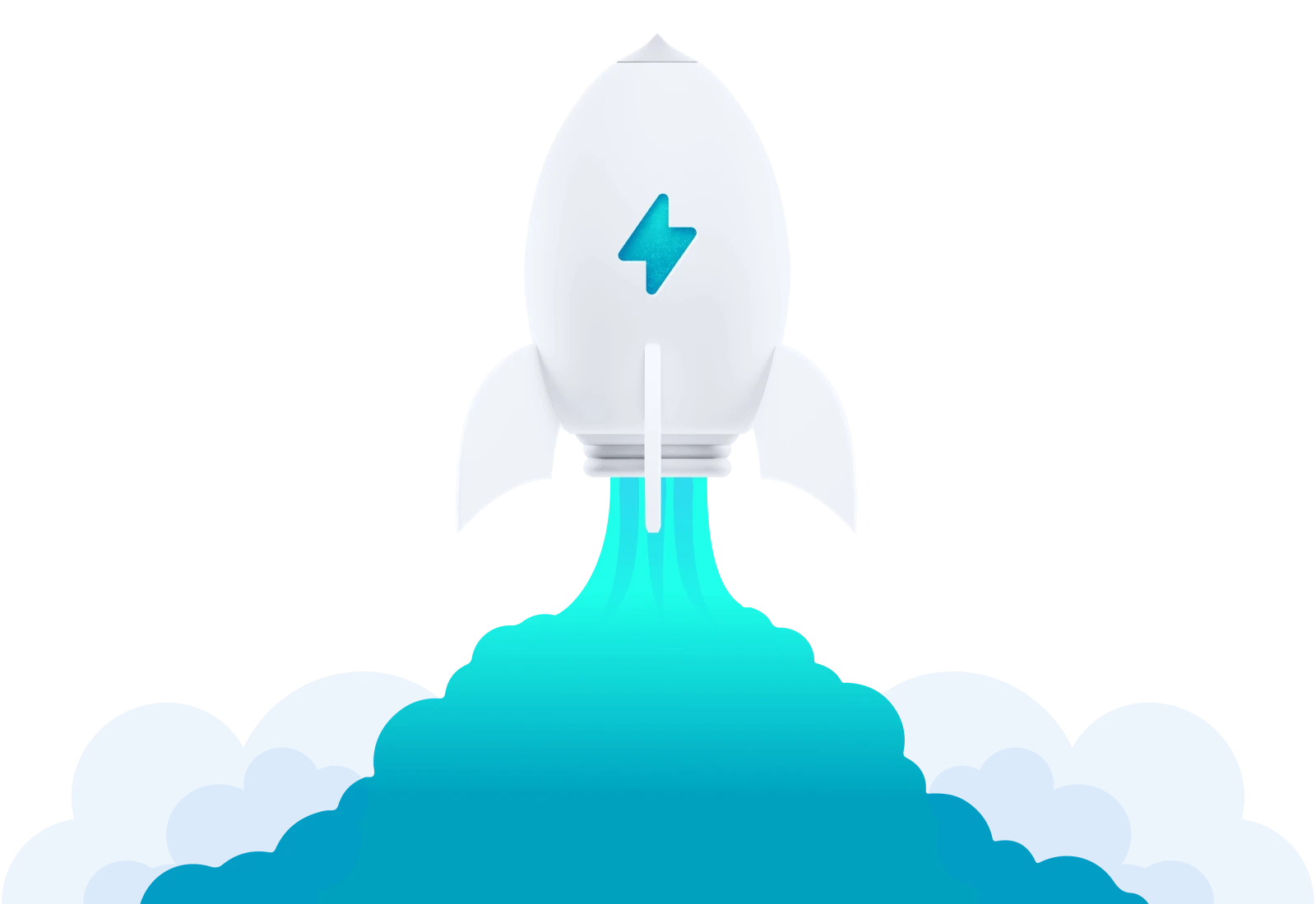 Rocket lifting off above bright blue clouds